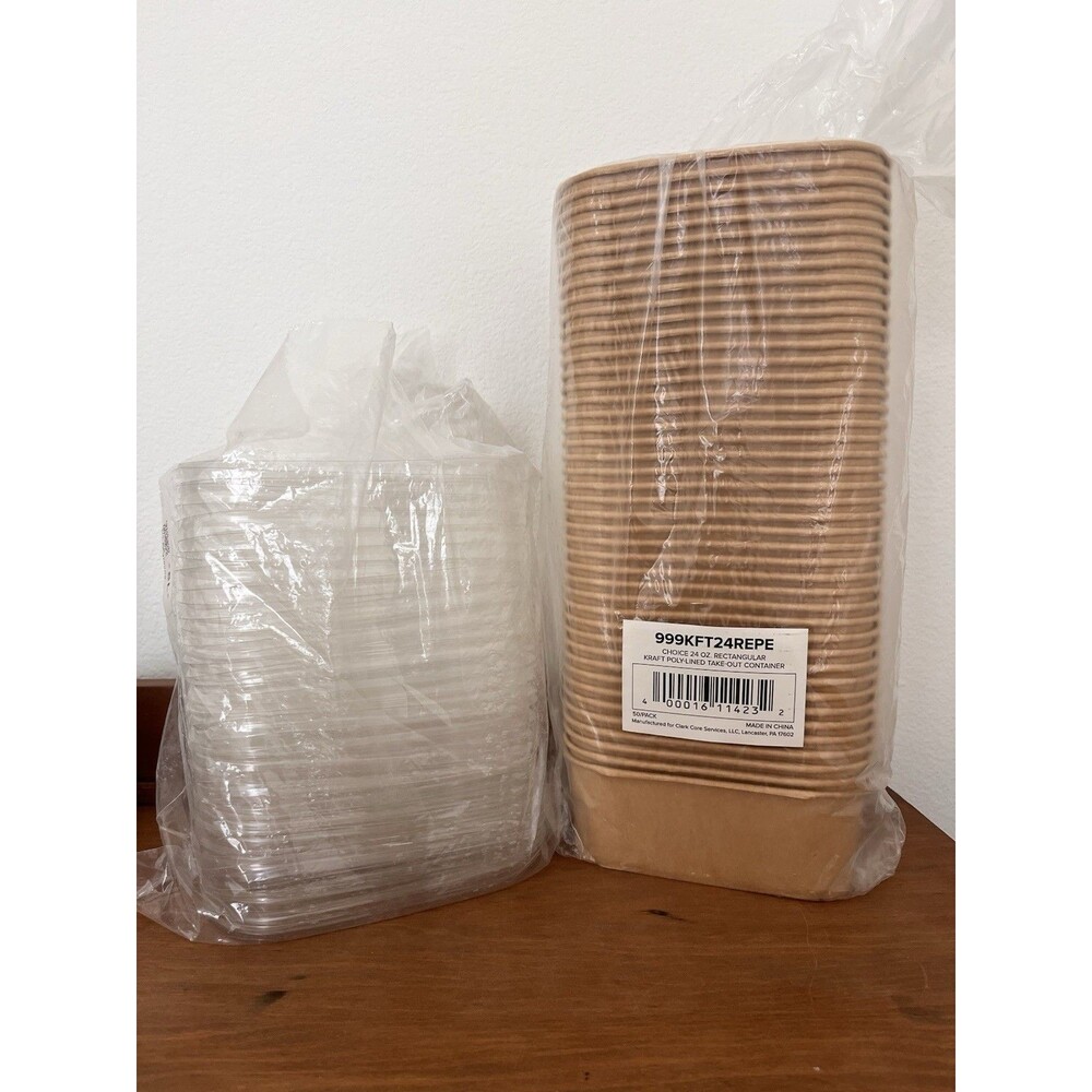 24 oz Rectangular Kraft Poly-Lined Takeout Containers w/ Clear Snap Lids
